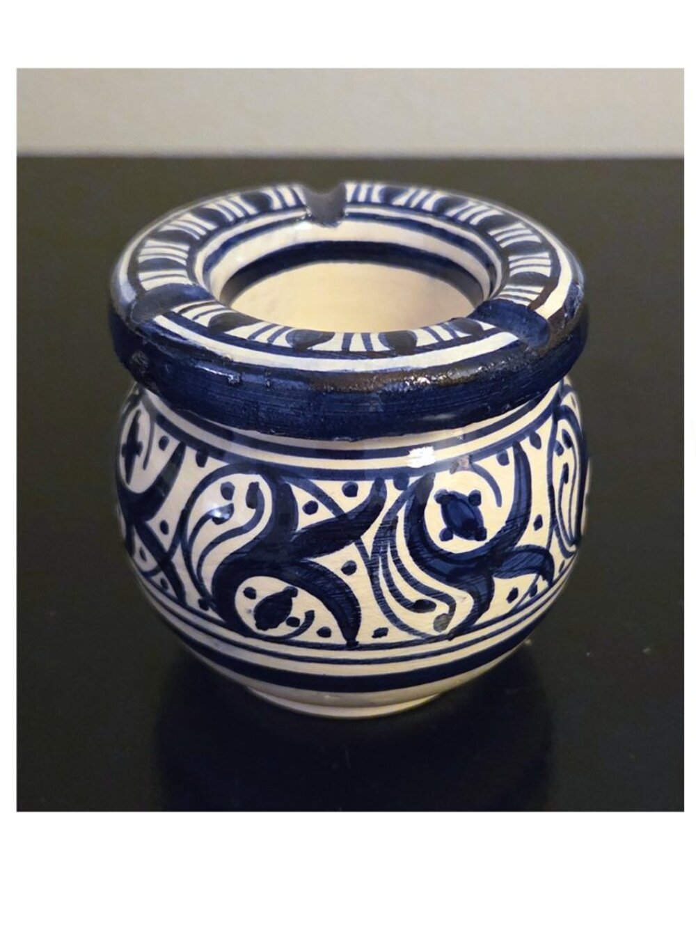 Ashtray traditional Moroccan ceramic; blue & white; signed Fes [Fez] in Arabic